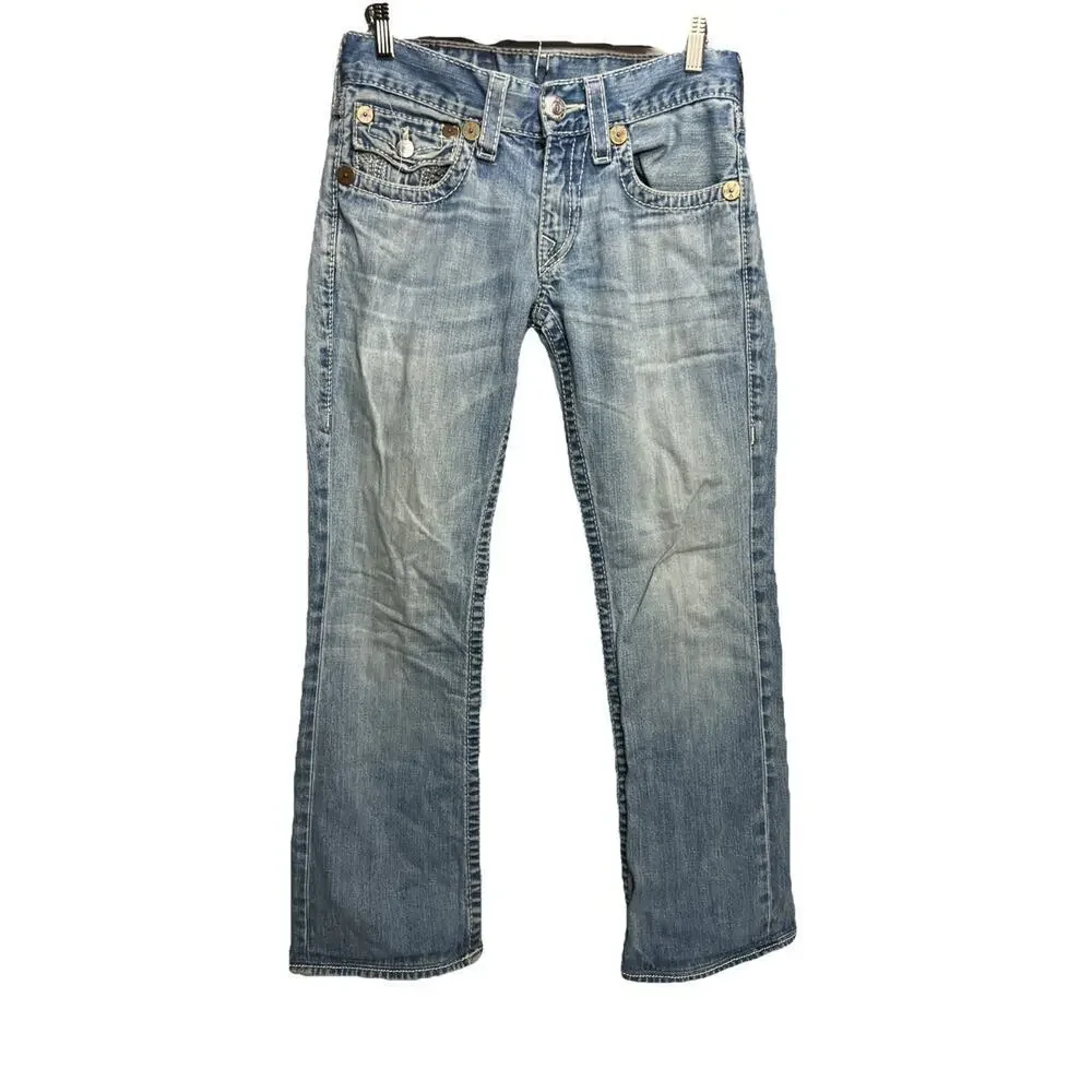 True Religion Billy Big T Flap Distressed Denim Embroidered Jeans ACTUAL 30x33